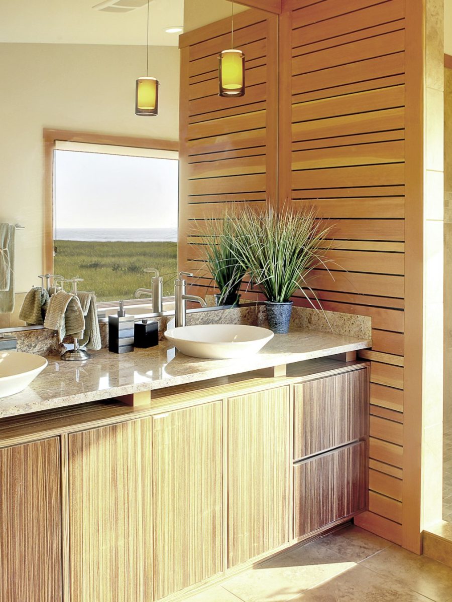 Shower and sinks in modern bathroom